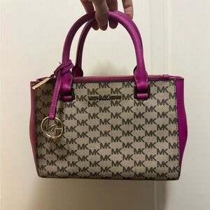 Michael Kors Fuchsia and Tan Signature Satchel